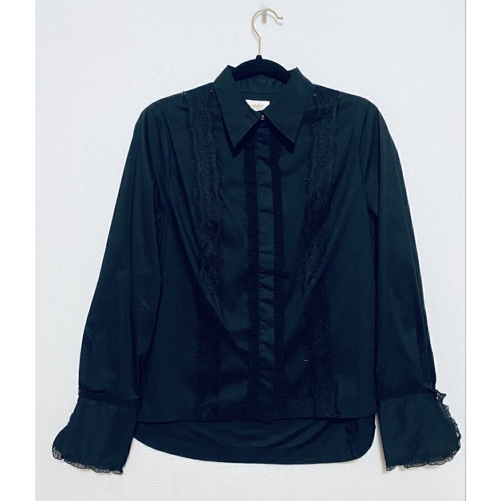Laundry by Shelli Segal Womens Size 8 Black Button Up Top Ruffle Lace Boho